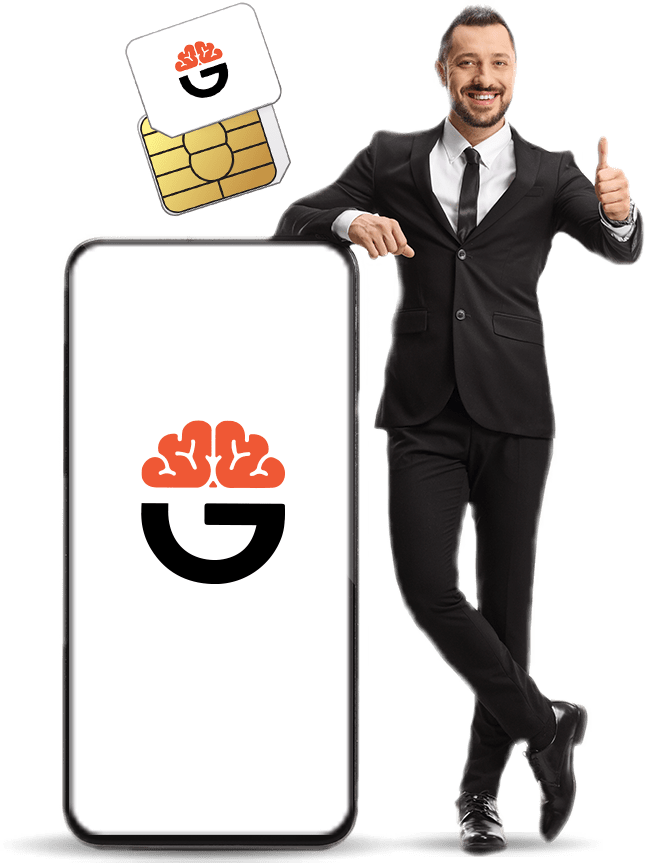 genius logo on mobile phone with a satisfied customer leaning on the phone